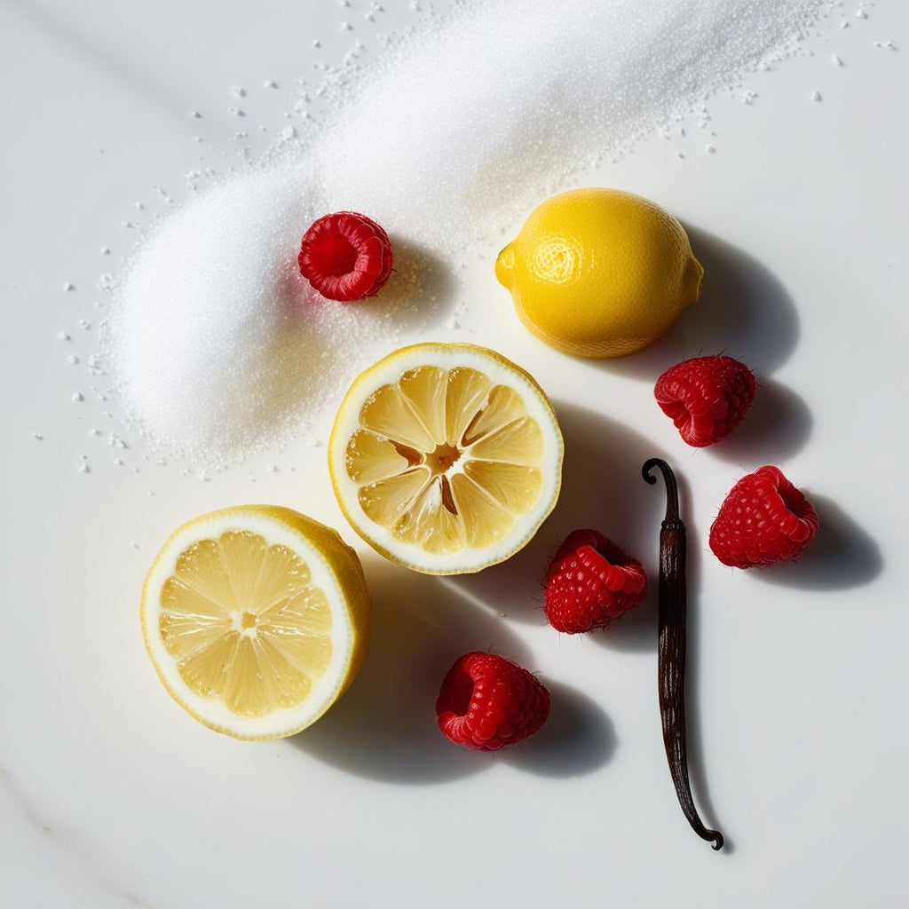 Sugar, lemon, raspberry and vanilla representing the olfactory notes of the perfume.