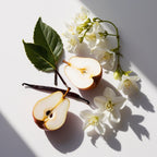 Pear, jasmine, vanilla and patchouli representing the olfactory notes of the perfume.