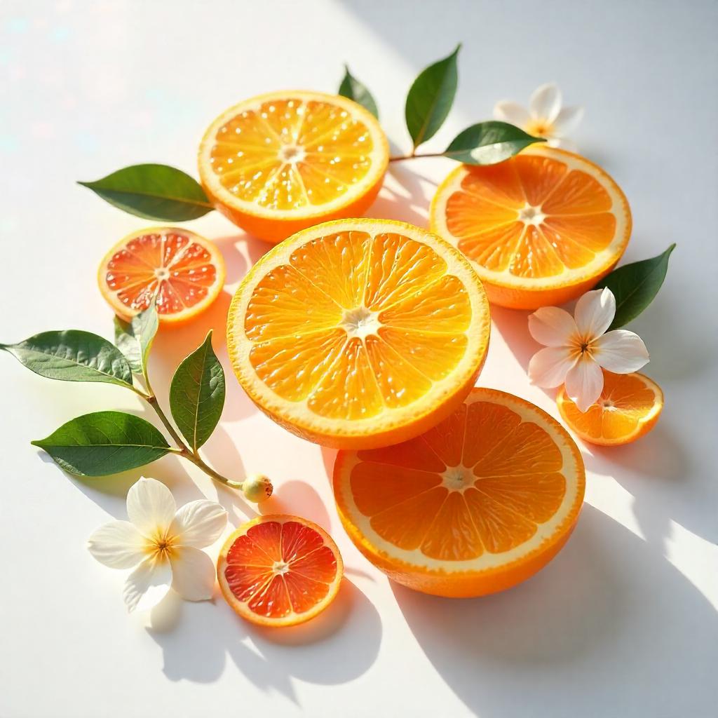Mandarin, orange and jasmine representing the olfactory notes of the perfume.