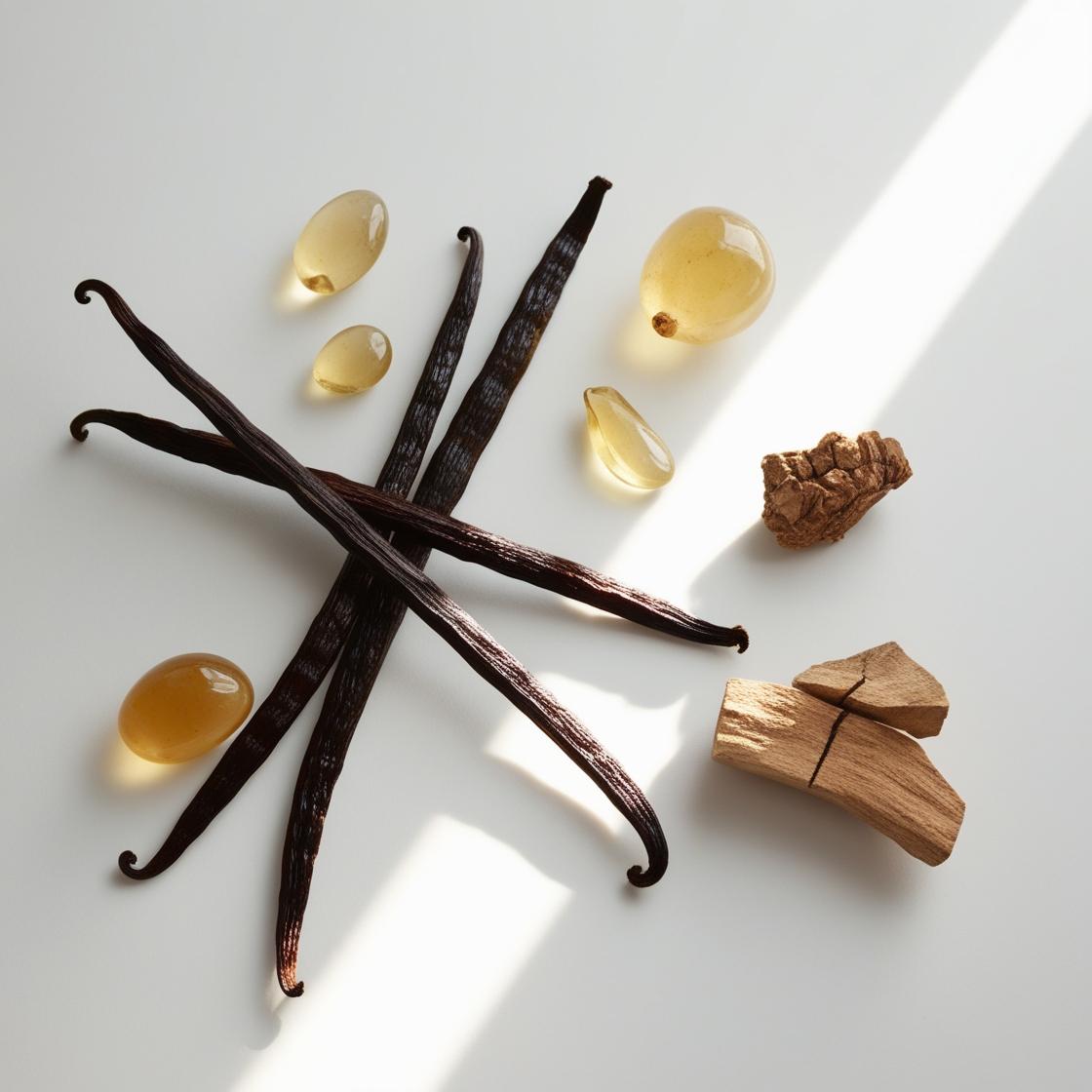 Amber, wood and vanilla representing the olfactory notes of the perfume.