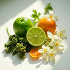 Honeysuckle, mandarin, jasmine and moss representing the olfactory notes of the perfume.