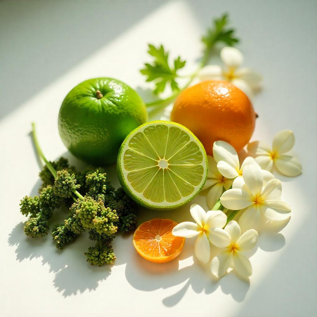 Honeysuckle, mandarin, jasmine and moss representing the olfactory notes of the perfume.