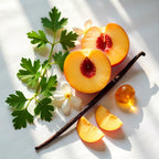 Perfume scent notes with peach, vanilla, amber and green leaves