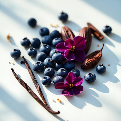 Blueberry, cocoa, vanilla and black violet representing the olfactory notes of the perfume.