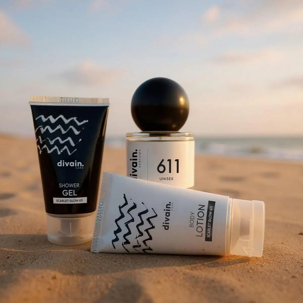 Divain 611 unisex perfume with its body cream and beach gel.