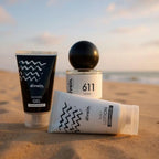 Divain 611 unisex perfume with its body cream and beach gel.